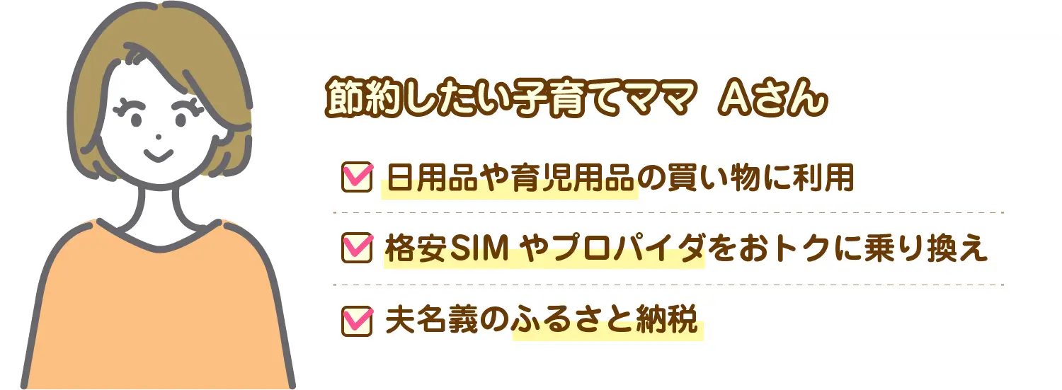 節約したい子育てママAさん：日用品や育児用品の買い物に利用。格安SIMやプロパイダをおトクに乗り換え。夫名義のふるさと納税