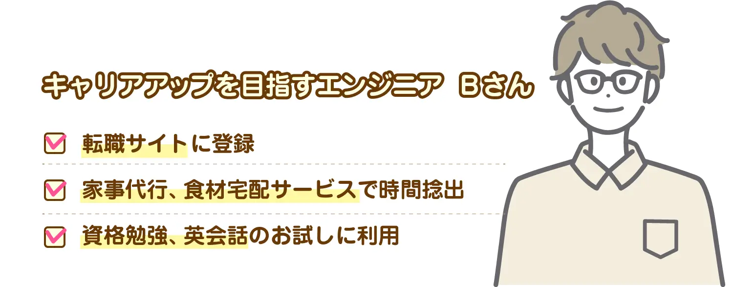 キャリアアップを目指すエンジニア Bさん：転職サイトに登録。家事代行、食材宅配サービスで時間捻出。資格勉強、英会話のお試しに利用