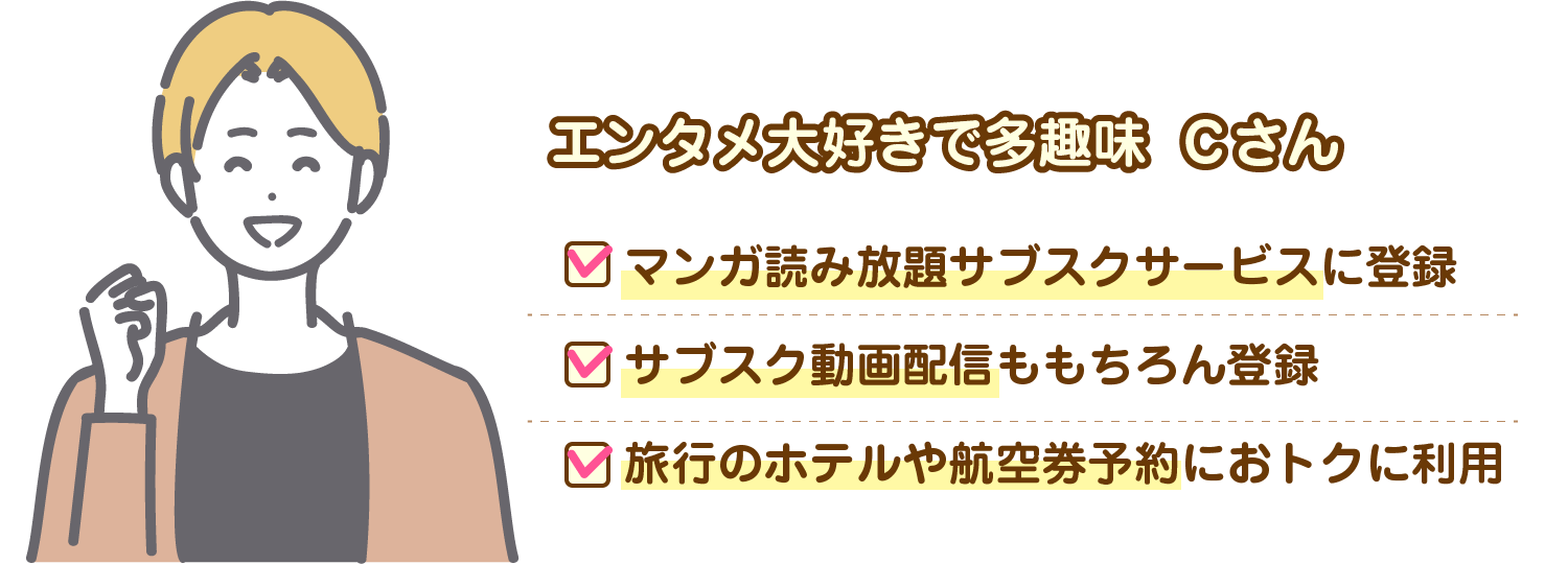 エンタメ大好きで多趣味 Cさん：マンガ読み放題サブスクサービスに登録。サブスク動画配信ももちろん登録。旅行のホテルや航空券予約におトクに利用