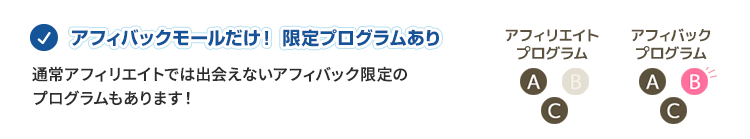 アフィバックモールだけ！限定プログラムあり 通常アフィリエイトでは出会えないアフィバック限定のプログラムもあります！