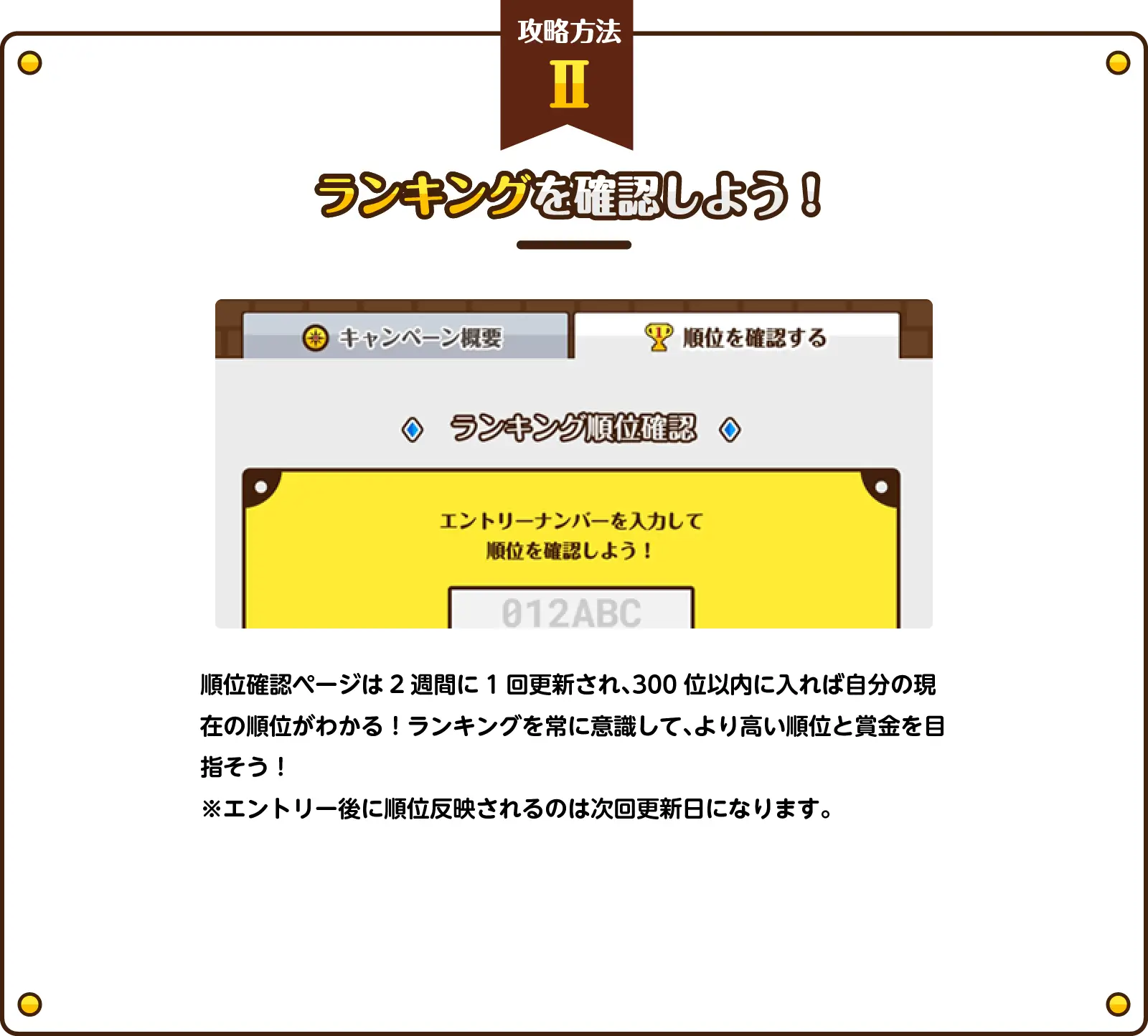 攻略方法（2）ランキングを確認しよう！順位確認ページは2週間に1回更新され、300位以内に入れば自分の現在の順位がわかる！ランキングを常に意識して、より高い順位と賞金を目指そう！※エントリー後に順位反映されるのは次回更新日になります。